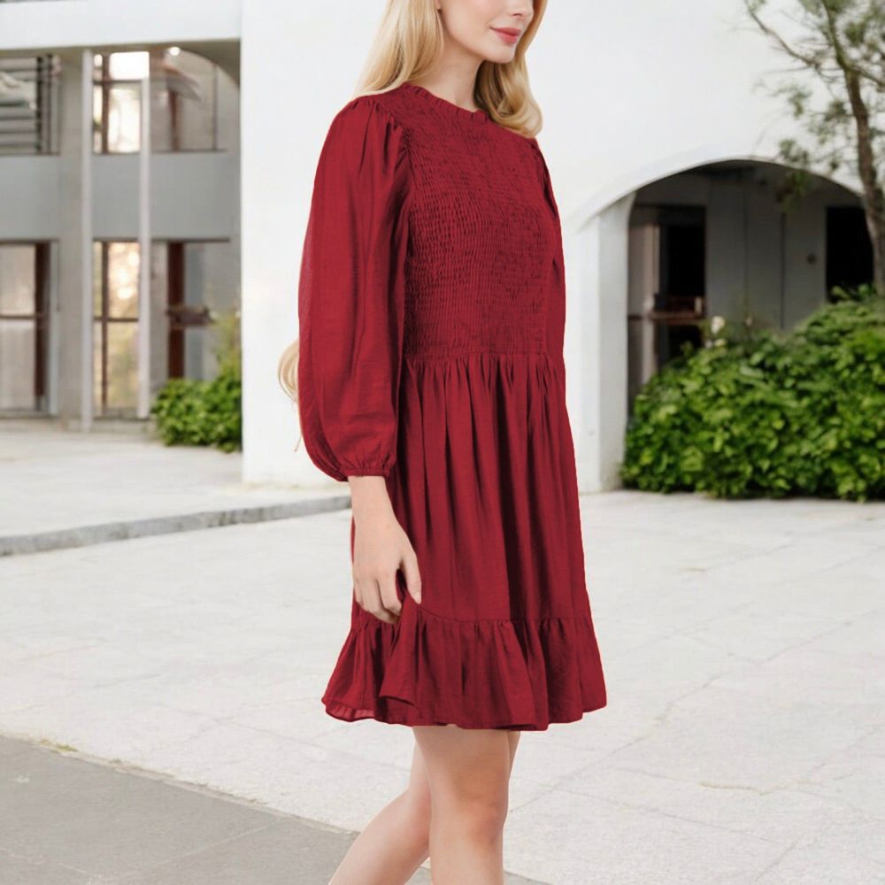 Smocked Waist Ruffle Hem Dress with Puff Sleeves