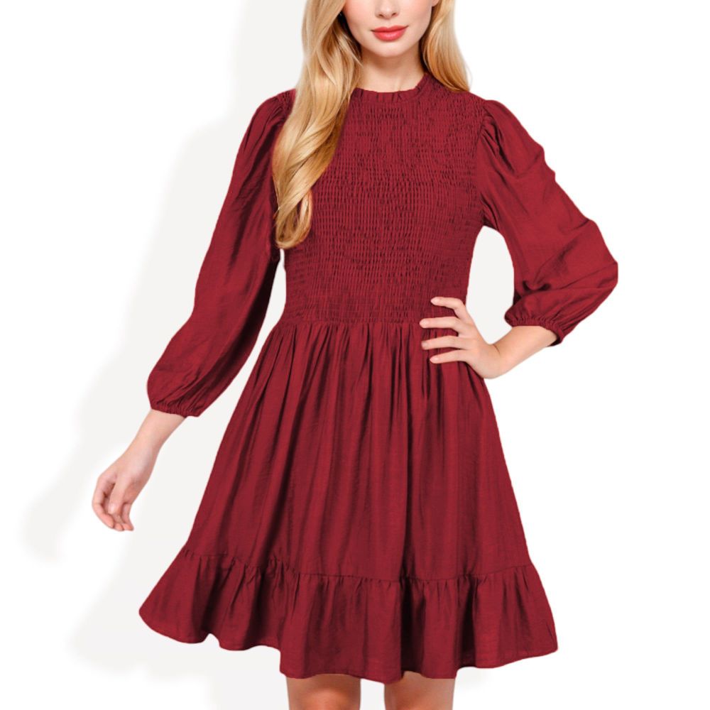 Smocked Waist Ruffle Hem Dress with Puff Sleeves