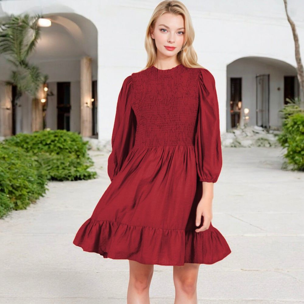 Smocked Waist Ruffle Hem Dress with Puff Sleeves