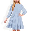 Blue Large Smocked Waist Ruffle Hem Dress with Puff Sleeves