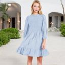 Blue Large Smocked Waist Ruffle Hem Dress with Puff Sleeves