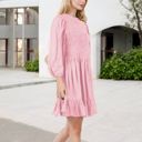 Pink Large Smocked Waist Ruffle Hem Dress with Puff Sleeves