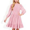 Pink Medium Smocked Waist Ruffle Hem Dress with Puff Sleeves