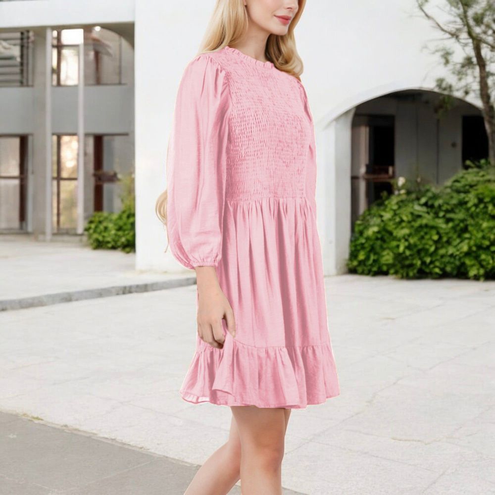 Smocked Waist Ruffle Hem Dress with Puff Sleeves