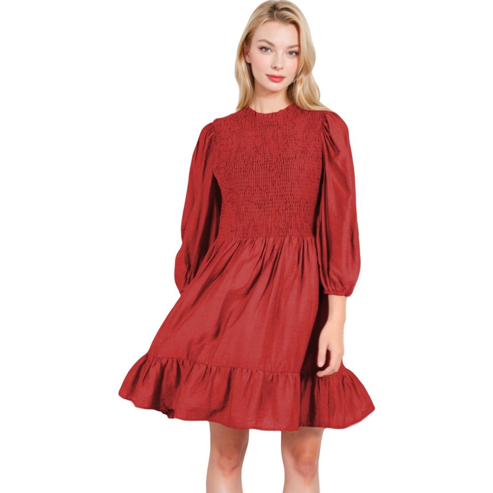 Smocked Waist Ruffle Hem Dress with Puff Sleeves