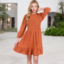 Red Large Smocked Waist Ruffle Hem Dress with Puff Sleeves