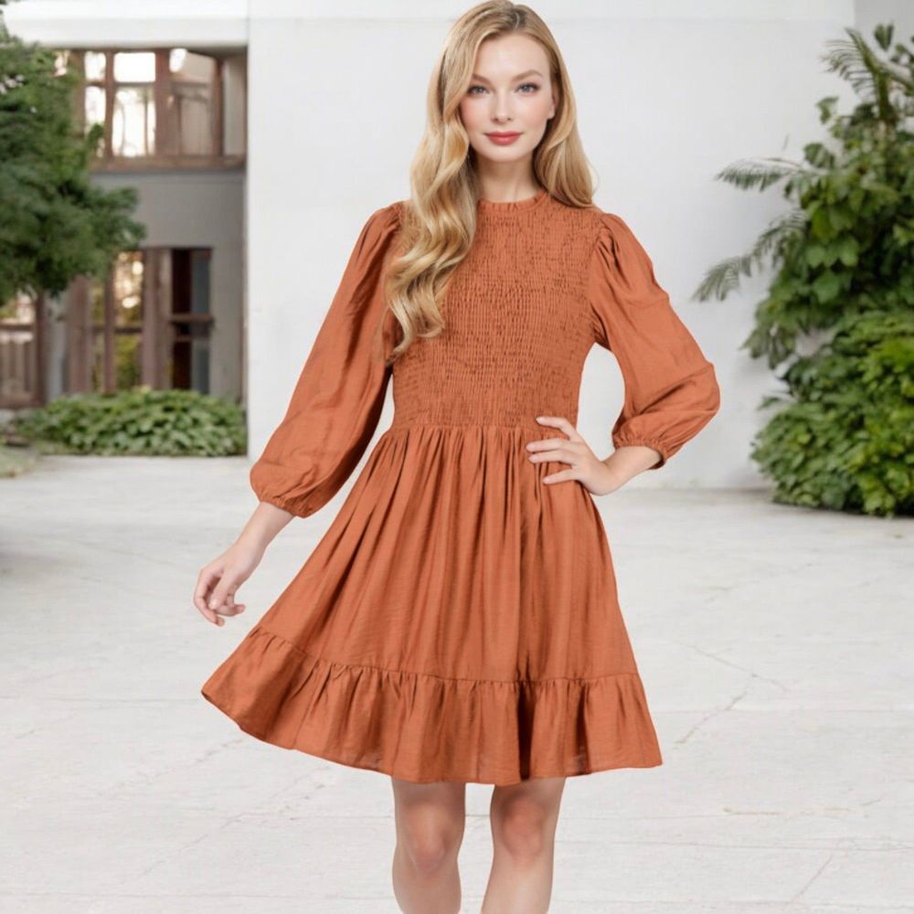 Smocked Waist Ruffle Hem Dress with Puff Sleeves