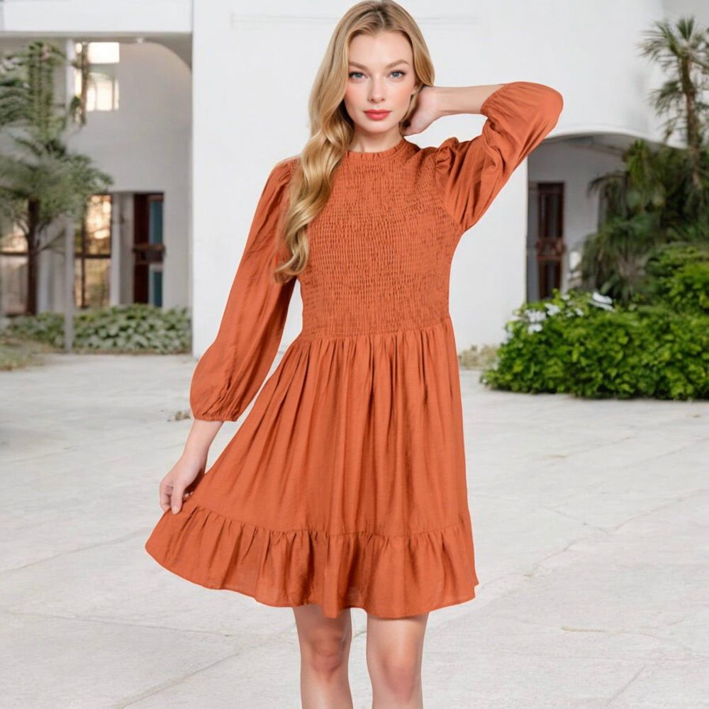 Smocked Waist Ruffle Hem Dress with Puff Sleeves