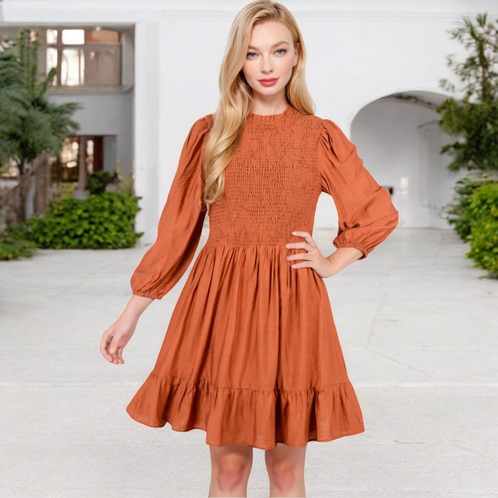 Smocked Waist Ruffle Hem Dress with Puff Sleeves