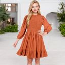 Red Small Smocked Waist Ruffle Hem Dress with Puff Sleeves