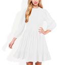 White Large Smocked Waist Ruffle Hem Dress with Puff Sleeves