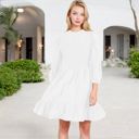 White Large Smocked Waist Ruffle Hem Dress with Puff Sleeves