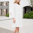 White Small Smocked Waist Ruffle Hem Dress with Puff Sleeves