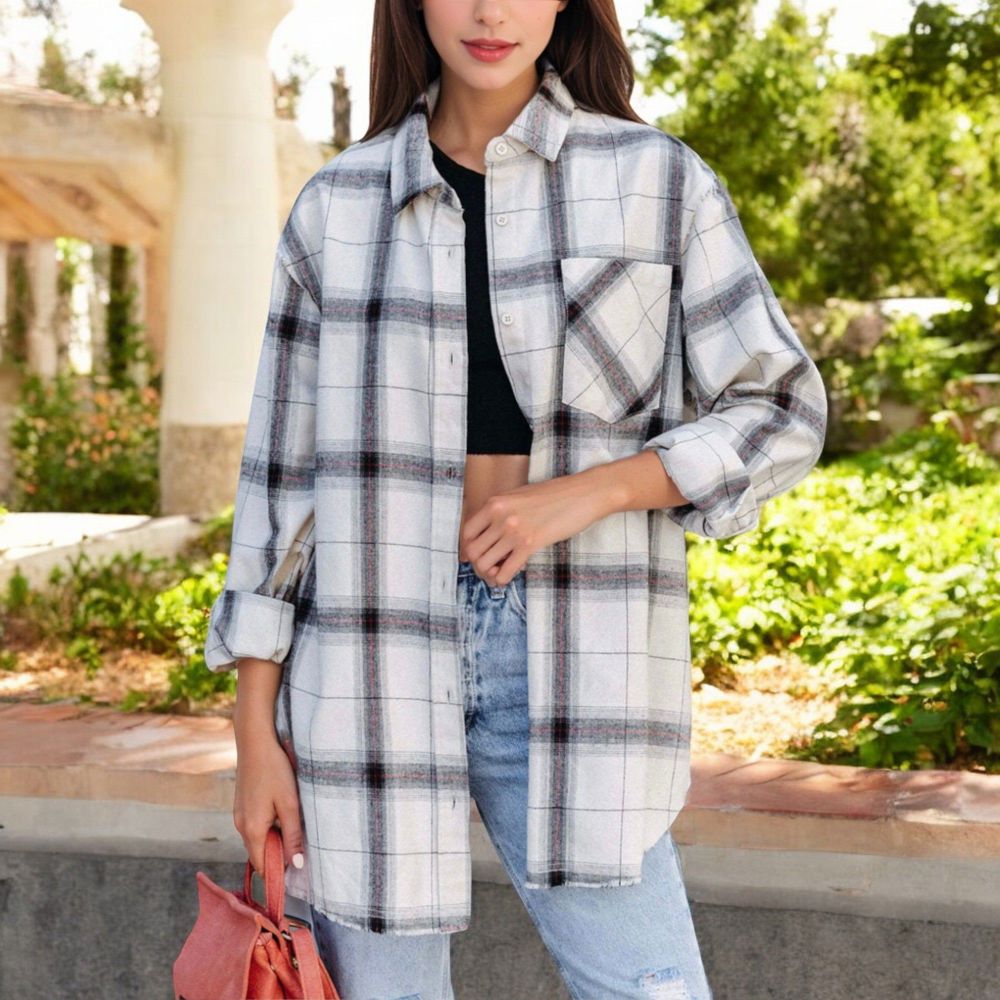 Loose Plaid Shirts Oversized Button Down Shirts Blouse Tops