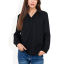 Black Large Long Sleeve Textured Blouse with Button-Up Detail and Spread Collar