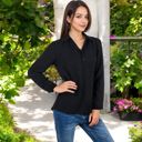 Black Large Long Sleeve Textured Blouse with Button-Up Detail and Spread Collar