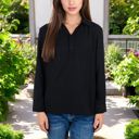 Black Large Long Sleeve Textured Blouse with Button-Up Detail and Spread Collar