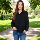 Black Large Long Sleeve Textured Blouse with Button-Up Detail and Spread Collar