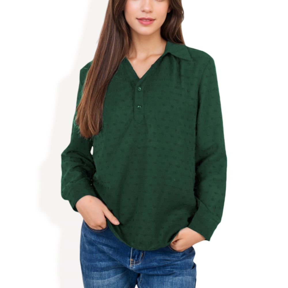 Long Sleeve Textured Blouse with Button-Up Detail and Spread Collar