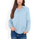 Blue Large Long Sleeve Textured Blouse with Button-Up Detail and Spread Collar