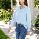 Blue Large Long Sleeve Textured Blouse with Button-Up Detail and Spread Collar