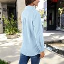 Blue Large Long Sleeve Textured Blouse with Button-Up Detail and Spread Collar