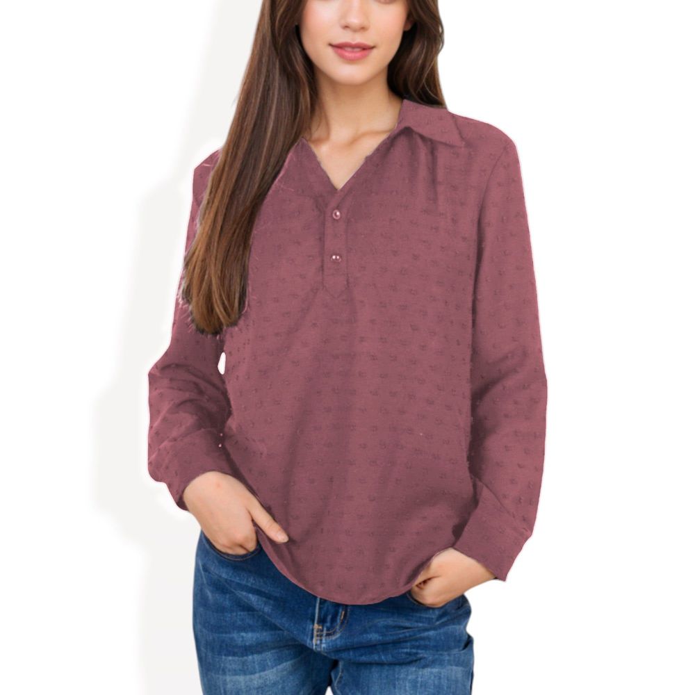 Long Sleeve Textured Blouse with Button-Up Detail and Spread Collar