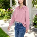 Pink Large Long Sleeve Textured Blouse with Button-Up Detail and Spread Collar