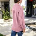 Pink Large Long Sleeve Textured Blouse with Button-Up Detail and Spread Collar