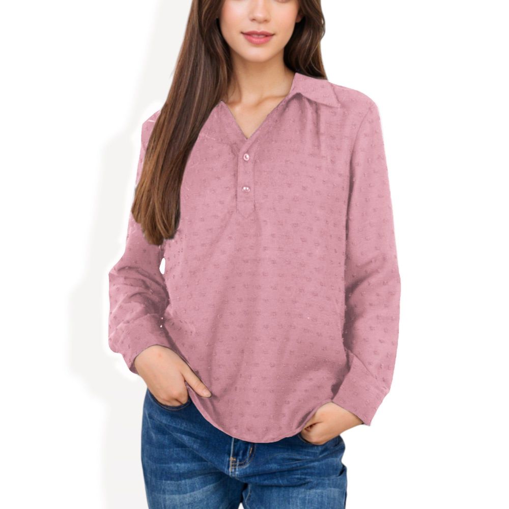 Long Sleeve Textured Blouse with Button-Up Detail and Spread Collar