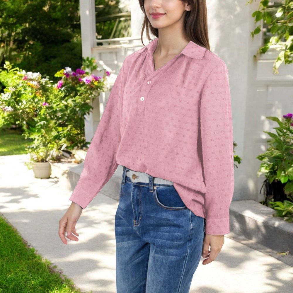 Long Sleeve Textured Blouse with Button-Up Detail and Spread Collar