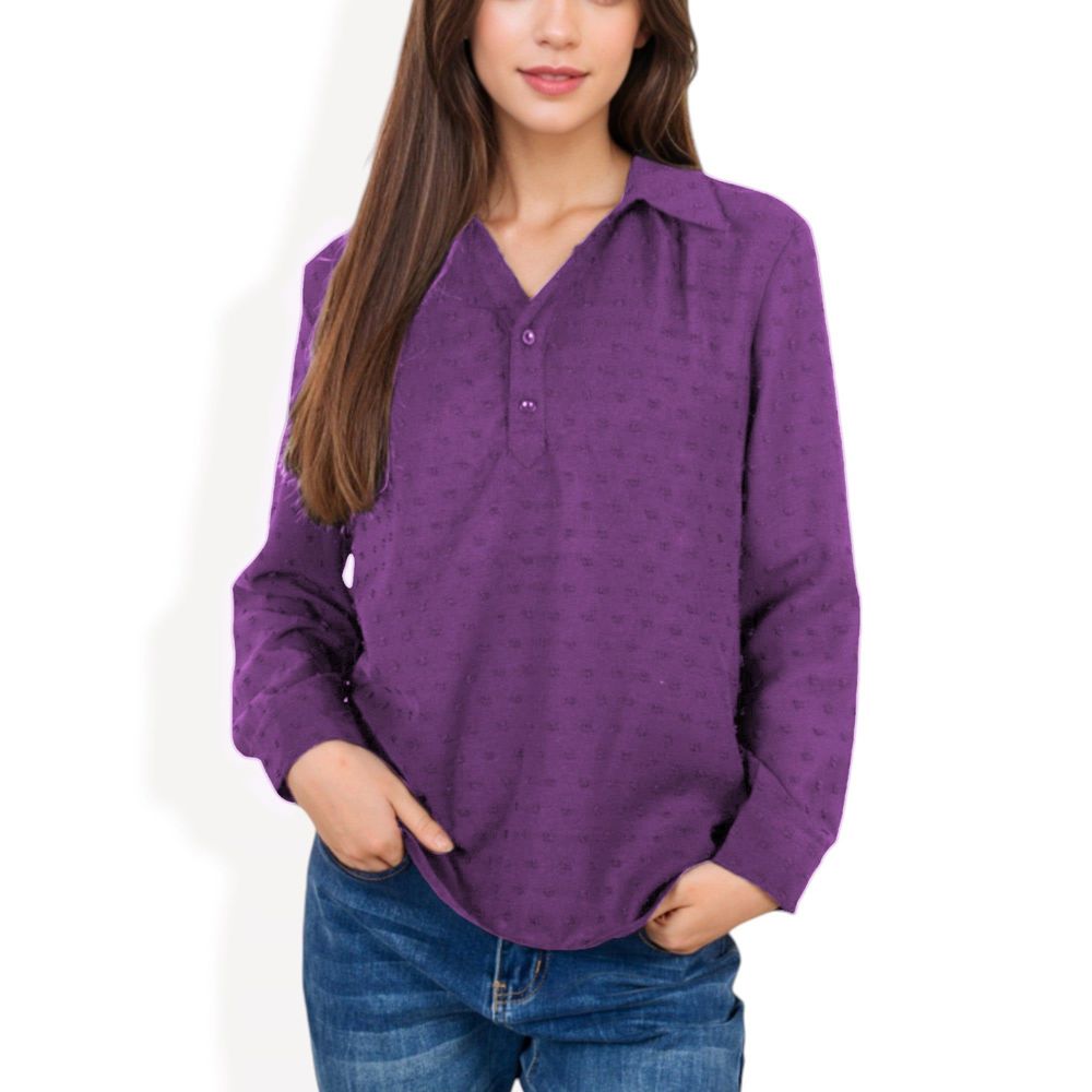 Long Sleeve Textured Blouse with Button-Up Detail and Spread Collar