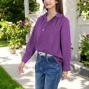 Purple Large Long Sleeve Textured Blouse with Button-Up Detail and Spread Collar