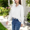 White Large Long Sleeve Textured Blouse with Button-Up Detail and Spread Collar