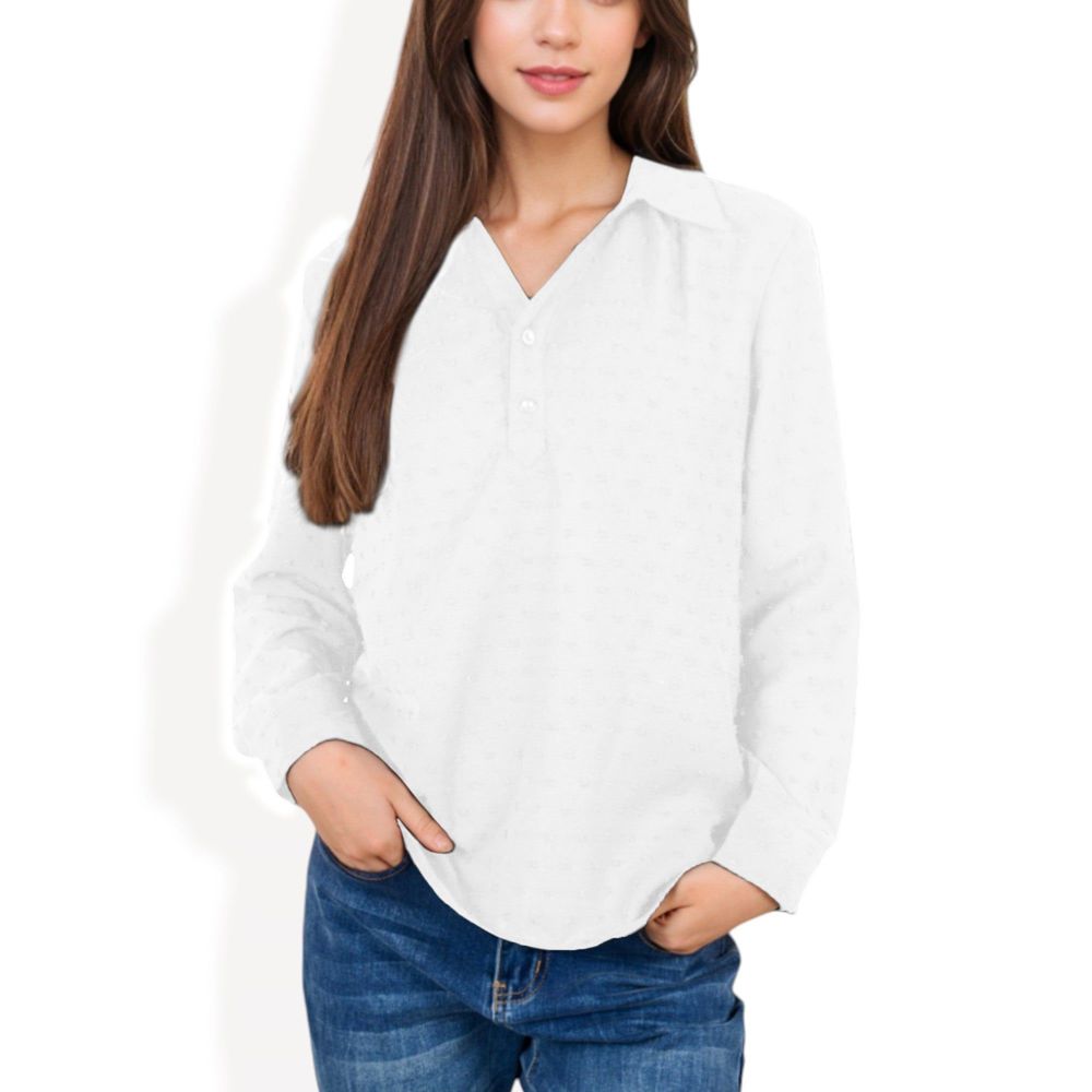 Long Sleeve Textured Blouse with Button-Up Detail and Spread Collar