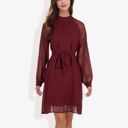  Long Sleeve High Neck Dress with Polka Dot Sheer Sleeves and Waist Tie Detail for Elegant Casual Wear