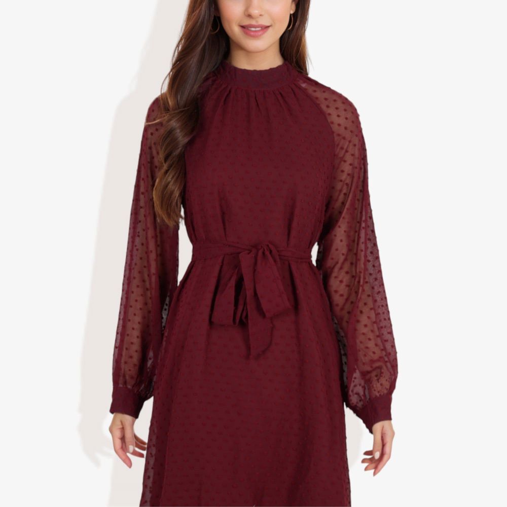 Long Sleeve High Neck Dress with Polka Dot Sheer Sleeves and Waist Tie Detail for Elegant Casual Wear