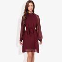  Long Sleeve High Neck Dress with Polka Dot Sheer Sleeves and Waist Tie Detail for Elegant Casual Wear