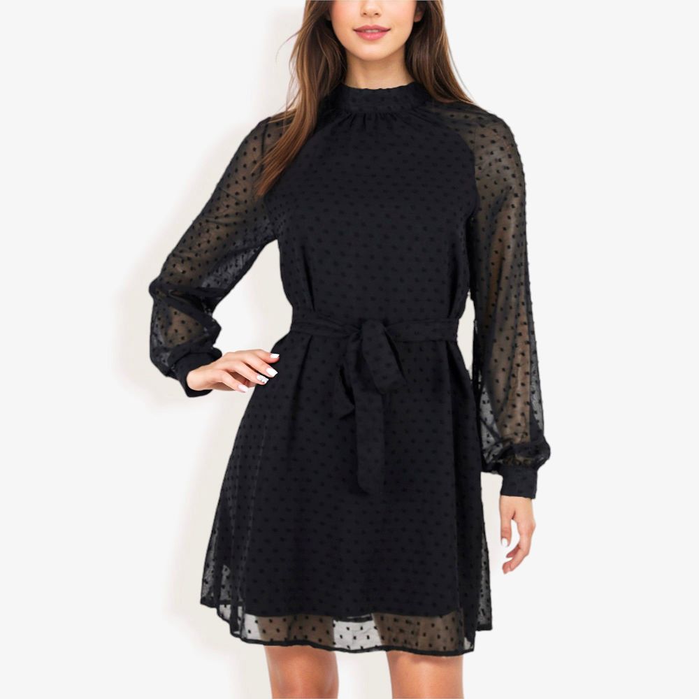 Long Sleeve High Neck Dress with Polka Dot Sheer Sleeves and Waist Tie Detail for Elegant Casual Wear