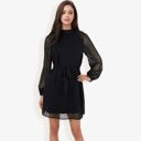 Black Large Long Sleeve High Neck Dress with Polka Dot Sheer Sleeves and Waist Tie Detail for Elegant Casual Wear