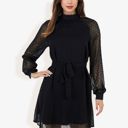 Black Large Long Sleeve High Neck Dress with Polka Dot Sheer Sleeves and Waist Tie Detail for Elegant Casual Wear