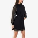 Black Large Long Sleeve High Neck Dress with Polka Dot Sheer Sleeves and Waist Tie Detail for Elegant Casual Wear