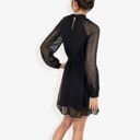 Black Large Long Sleeve High Neck Dress with Polka Dot Sheer Sleeves and Waist Tie Detail for Elegant Casual Wear