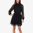 Black Large Long Sleeve High Neck Dress with Polka Dot Sheer Sleeves and Waist Tie Detail for Elegant Casual Wear