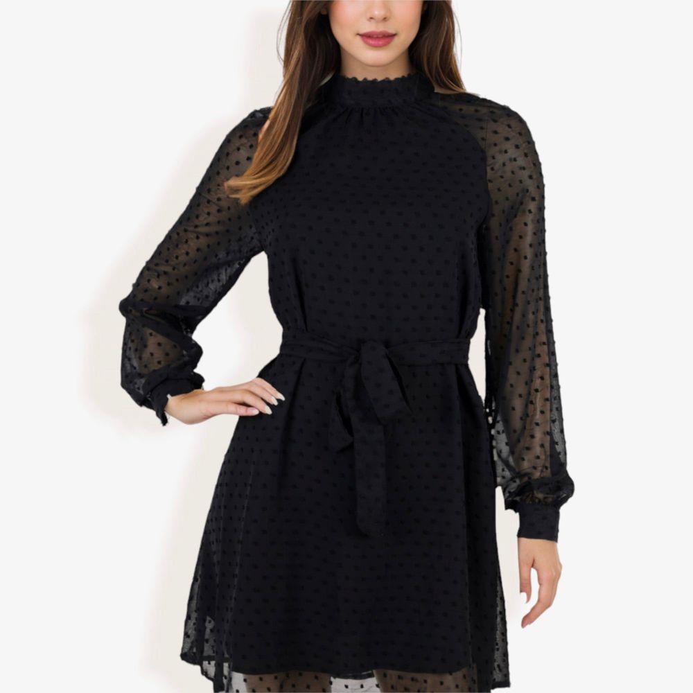 Long Sleeve High Neck Dress with Polka Dot Sheer Sleeves and Waist Tie Detail for Elegant Casual Wear