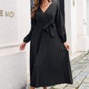 Black Large Long Sleeve Pleated Wrap Dress with Tie Waist and V-Neckline