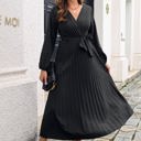 Black Large Long Sleeve Pleated Wrap Dress with Tie Waist and V-Neckline