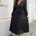 Black Large Long Sleeve Pleated Wrap Dress with Tie Waist and V-Neckline