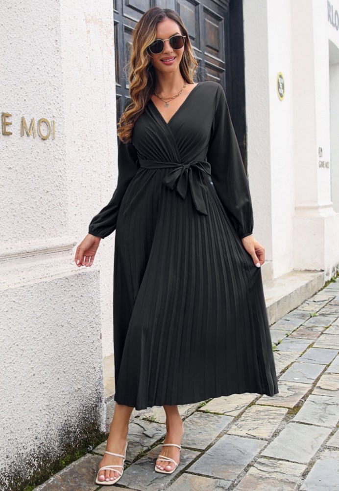 Long Sleeve Pleated Wrap Dress with Tie Waist and V-Neckline