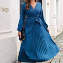 Blue Large Long Sleeve Pleated Wrap Dress with Tie Waist and V-Neckline